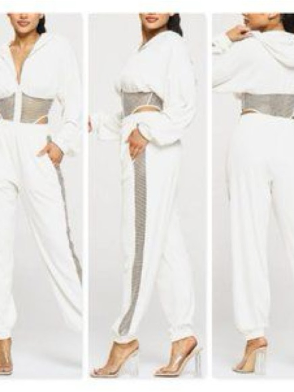 Women's White Jogger Pants Set Side Mesh